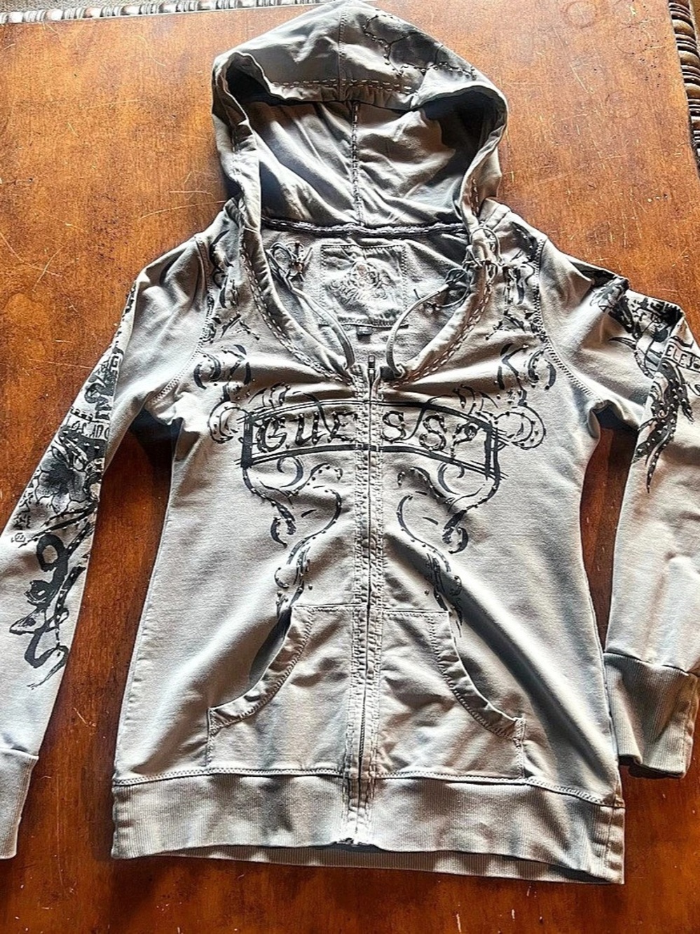 Vintage Y2K GUESS Los Angeles Tattoo Graphic Zip-Up Hoodie - Size L Rhinestone G